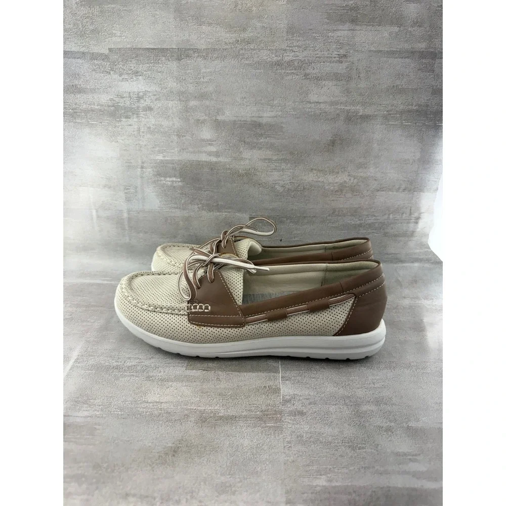 Clarks Cloudsteppers Women Boat Shoes Cream Brown Loafers 261260304060 Size 8.5M